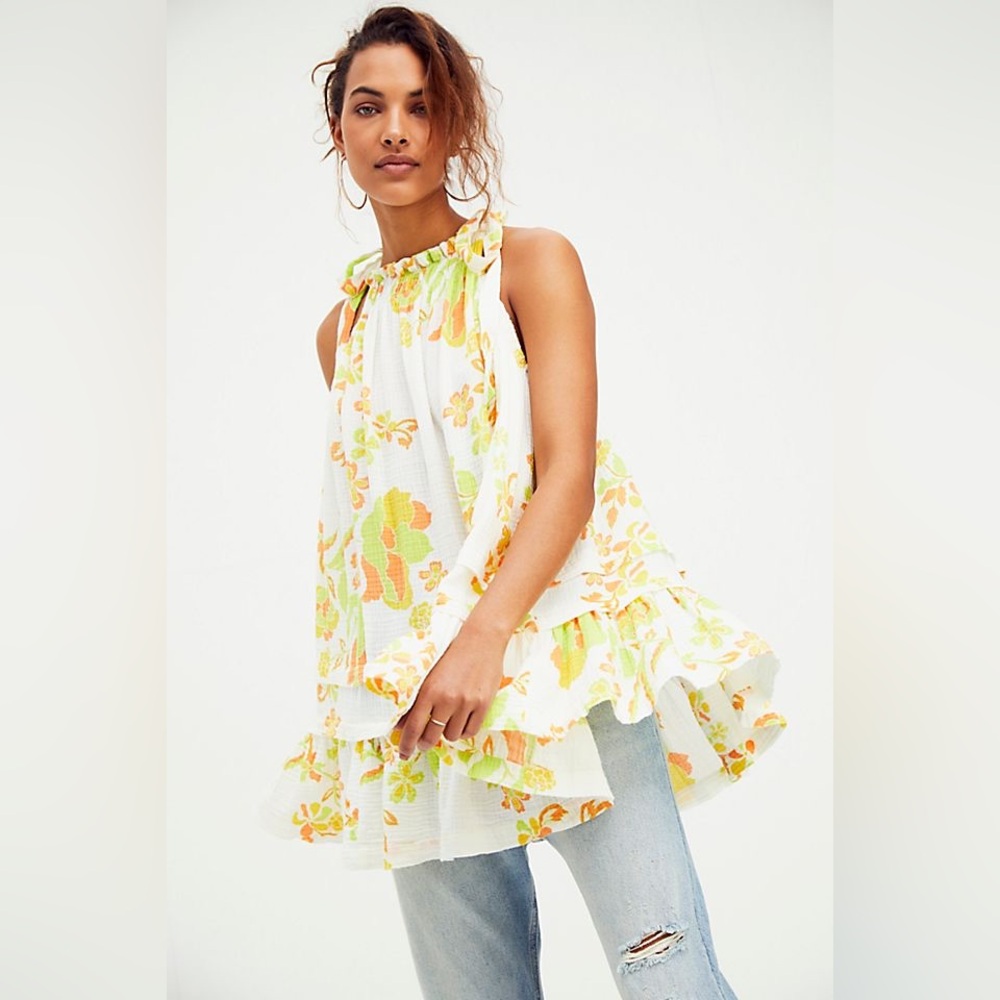 Free People Fleur Vintage Floral Print Ruffled Tunic / Mini